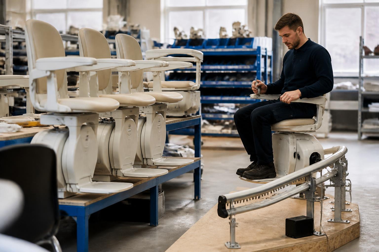 Stair Lift Installers Insurance 2 UK stair lift workshop with reconditioned lift chairs lined up on benches and an engineer testing a carriage on a short length of rail