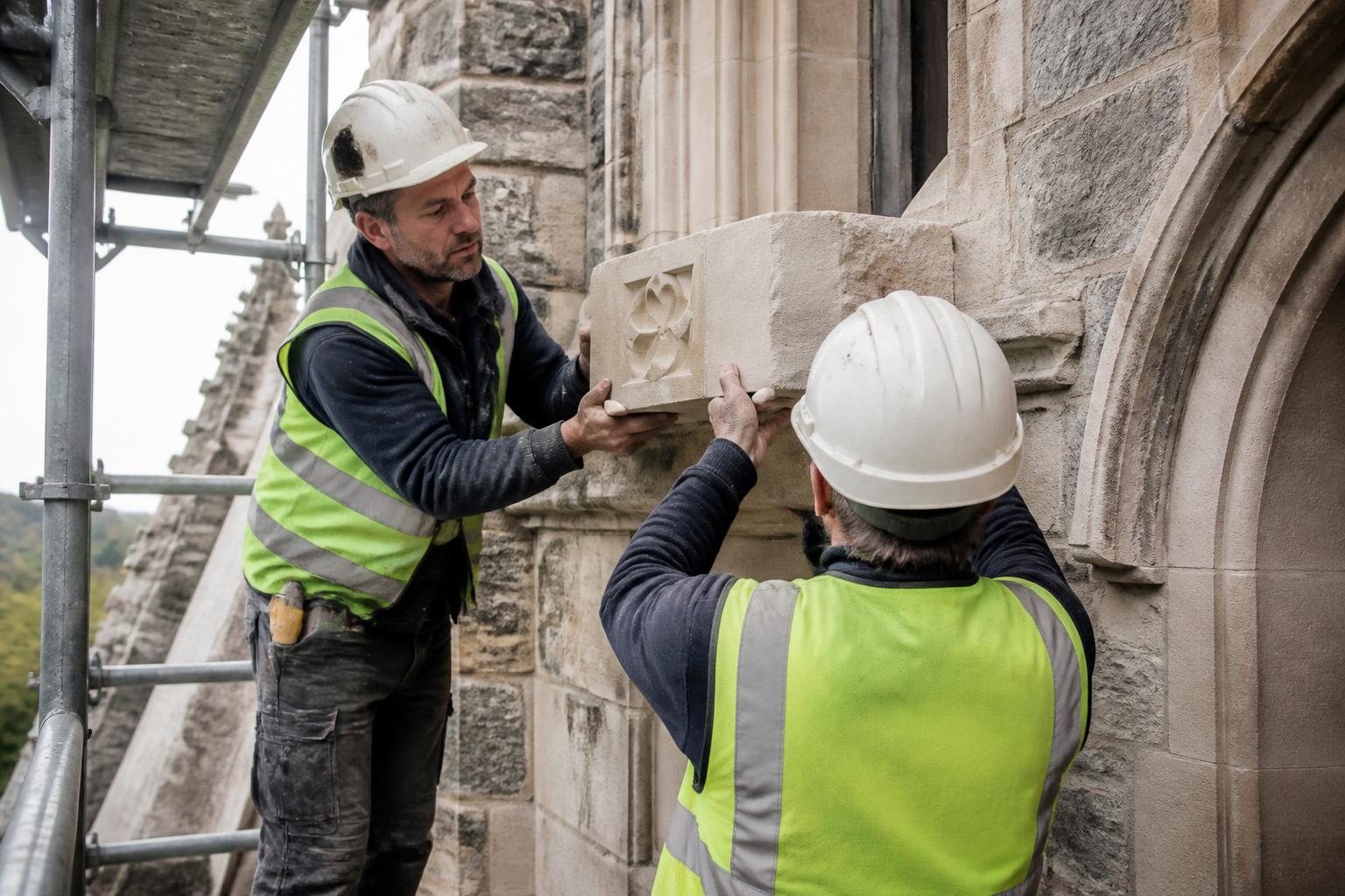 Stonemasons Insurance 2 Fixer masons in hard hats setting a carved stone block into the restored facade of a UK church from a scaffold