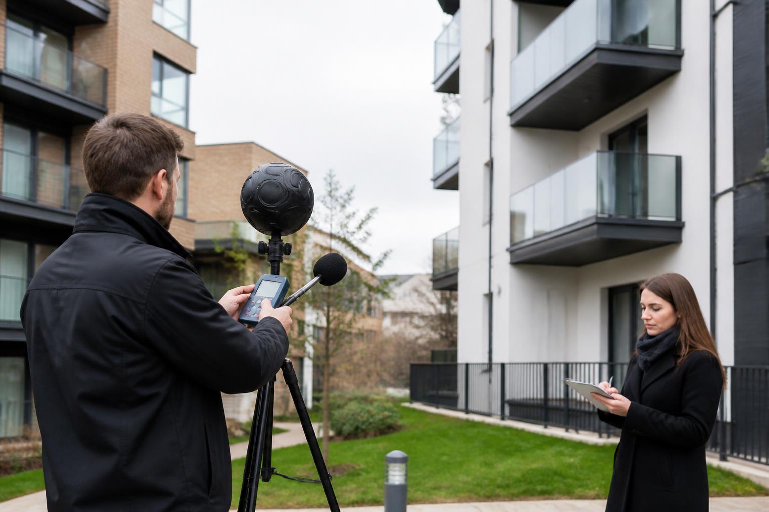 Surveyors Insurance 2 Acoustic consultant setting up a sound level meter and loudspeaker between two new flats in a UK apartment block, with a colleague recording results