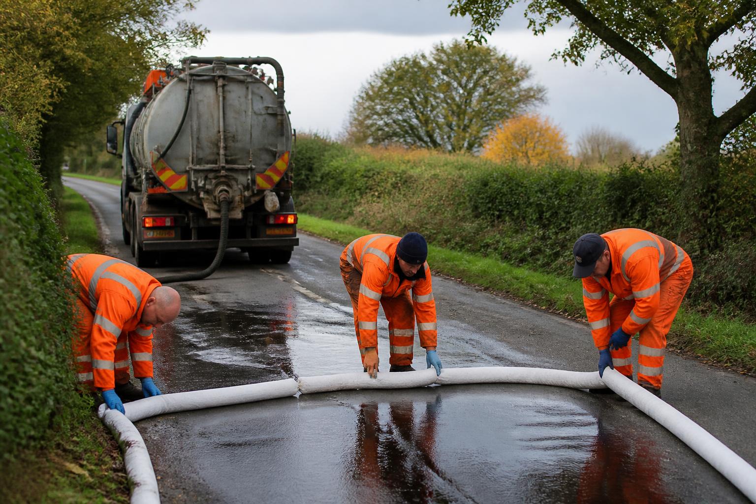 Tank Cleaning Insurance 2 Pollution control crew in orange coveralls laying absorbent booms across a rural UK road after a diesel spill, a vacuum tanker parked behind them
